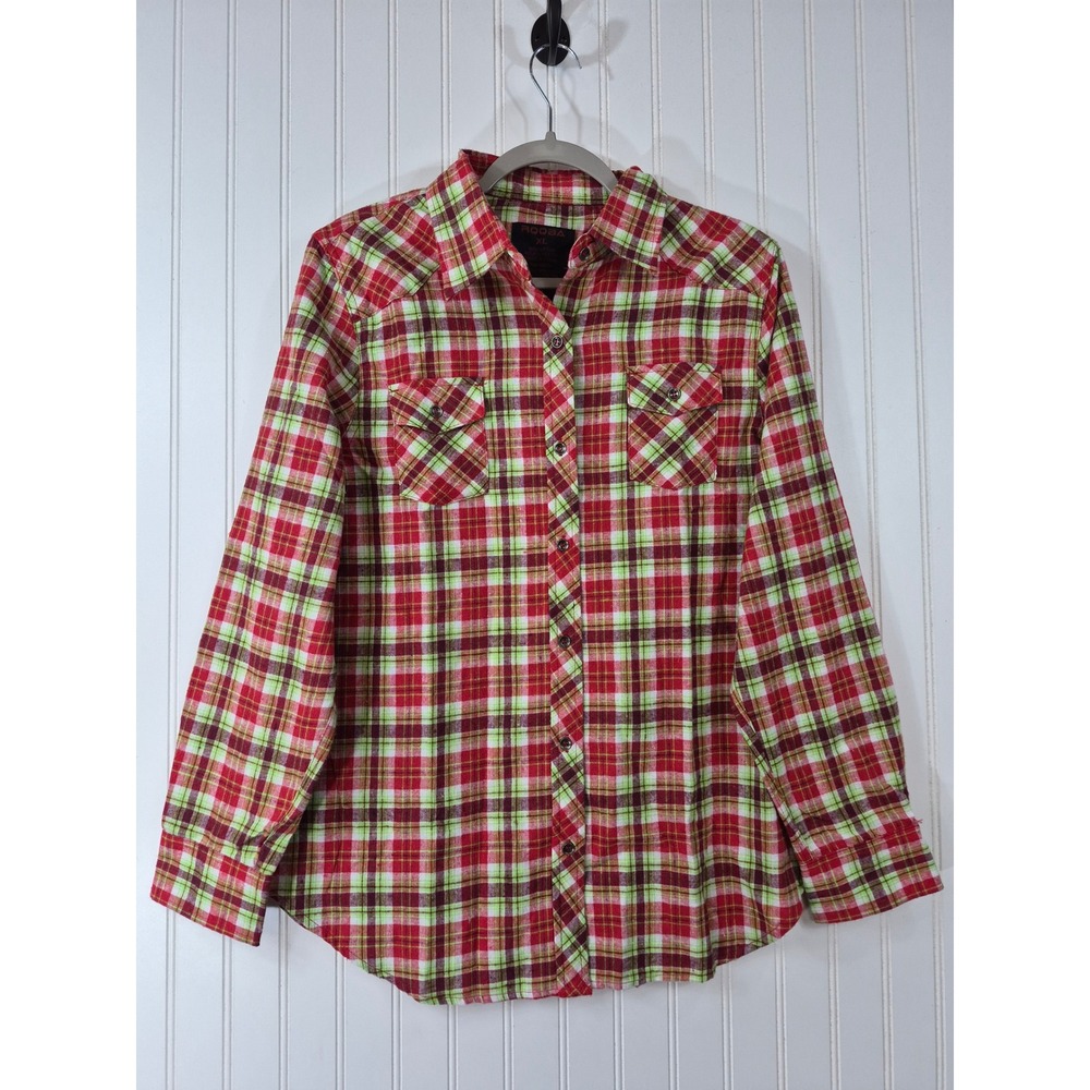 ROQBA Womens XL Red Green Plaid Button Down Shirt Long Sleeve Western Flannel